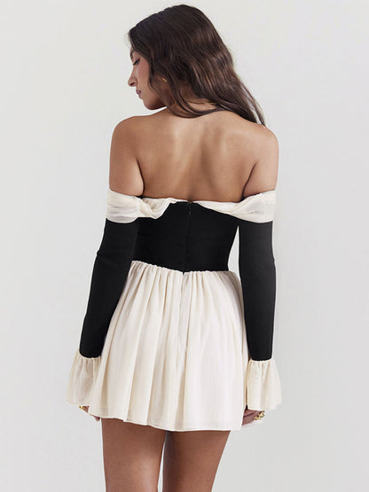 Ruffles Trim Flared Dress Off Shoulder Backless Two-Tone Mini Dresses