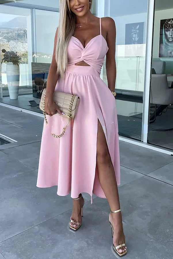 Twist Front Spaghetti Strap Cutout Crop Top High Slit Midi Skirt Set