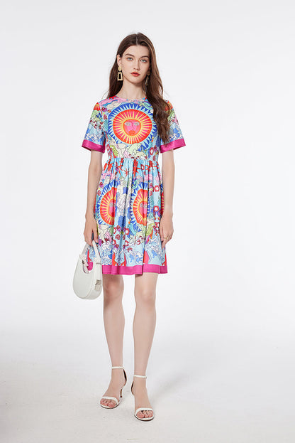 Printed Round Neck Large Swing Dress Slim fit High Waist Short Sleeve Dress
