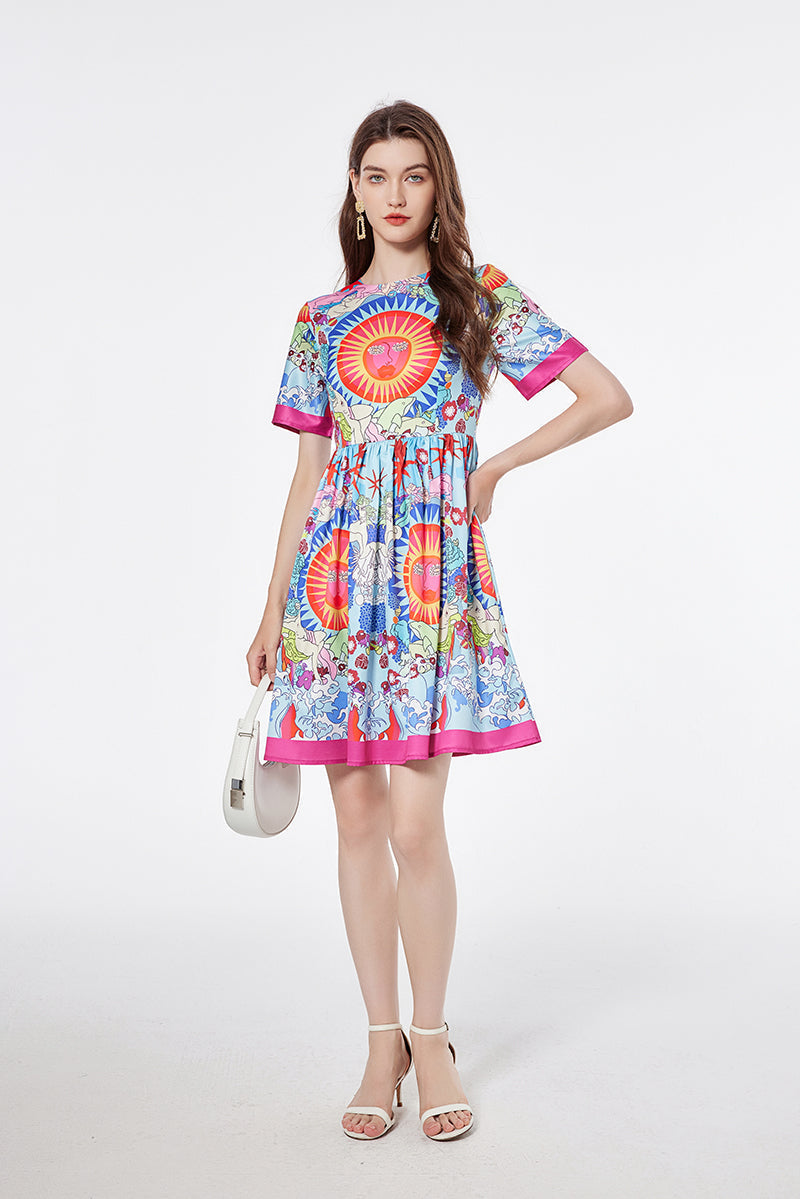 Printed Round Neck Large Swing Dress Slim fit High Waist Short Sleeve Dress