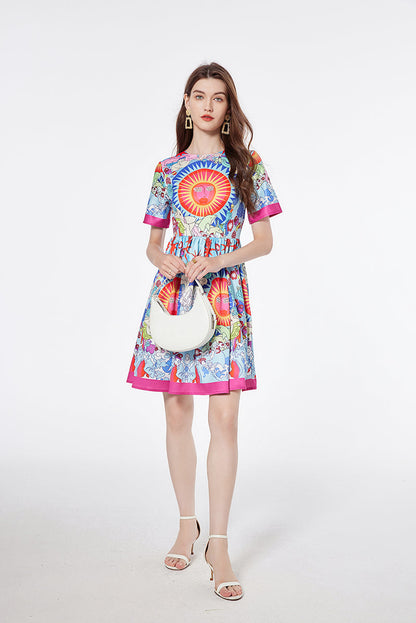 Printed Round Neck Large Swing Dress Slim fit High Waist Short Sleeve Dress