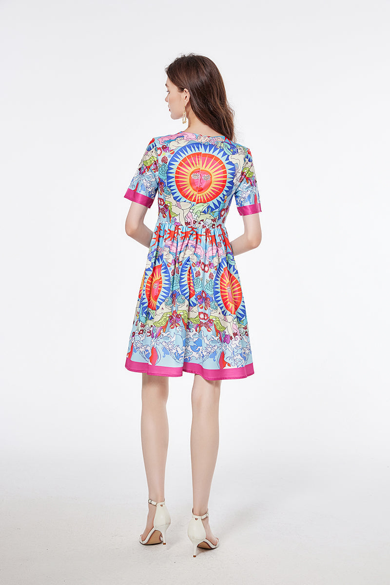 Printed Round Neck Large Swing Dress Slim fit High Waist Short Sleeve Dress