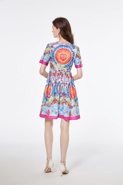 Printed Round Neck Large Swing Dress Slim fit High Waist Short Sleeve Dress