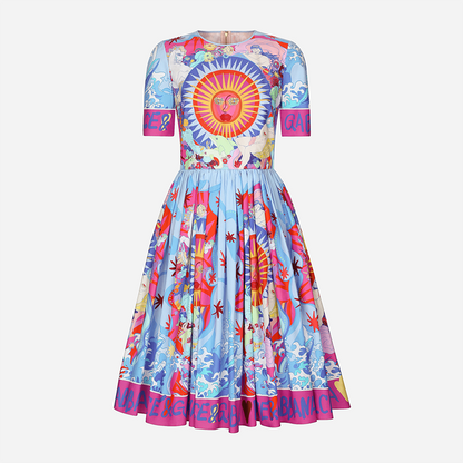 Printed Round Neck Large Swing Dress Slim fit High Waist Short Sleeve Dress