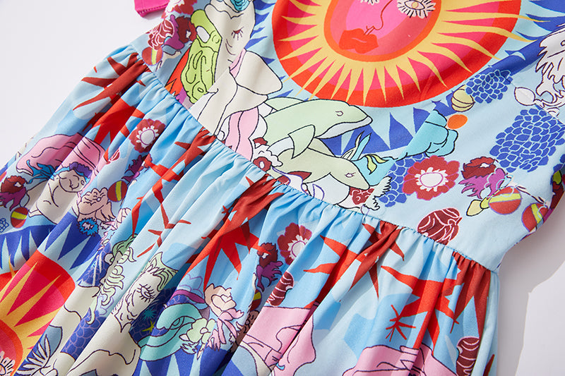 Printed Round Neck Large Swing Dress Slim fit High Waist Short Sleeve Dress