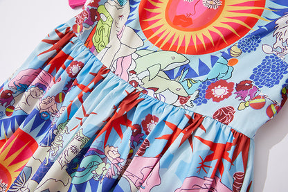 Printed Round Neck Large Swing Dress Slim fit High Waist Short Sleeve Dress