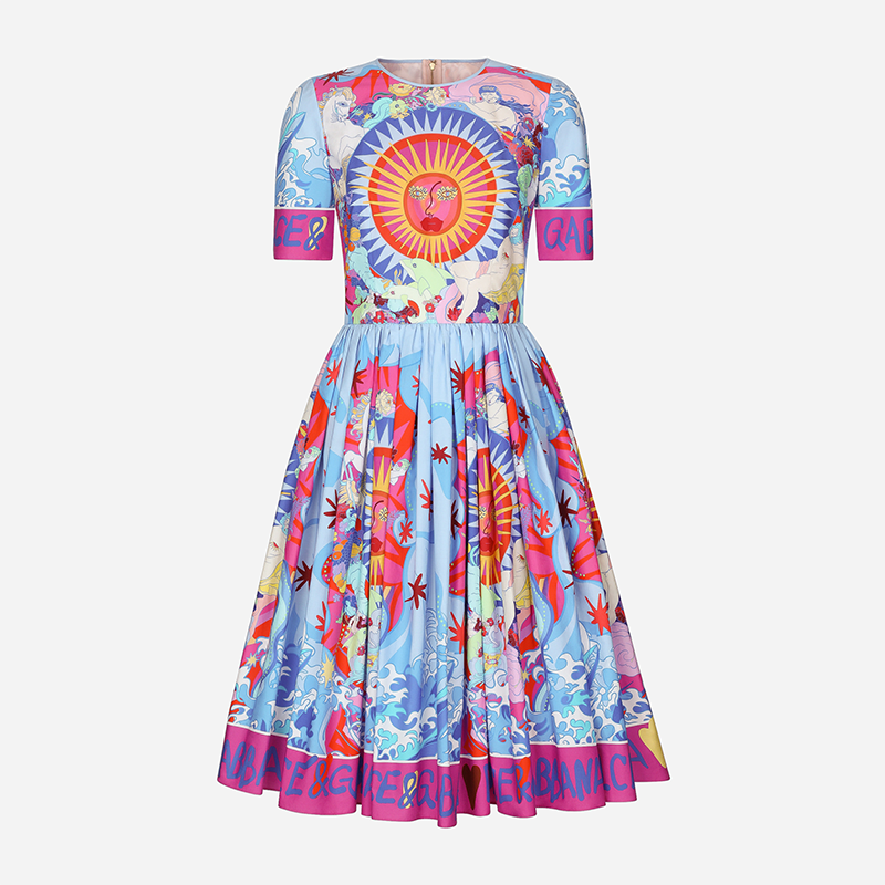 Printed Round Neck Large Swing Dress Slim fit High Waist Short Sleeve Dress
