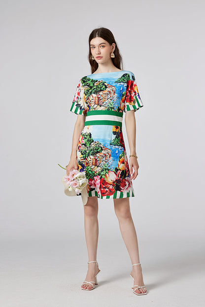 Arrival One line Collar Printed Short sleeved Tight Waist dress High Waist Slim fit Dress