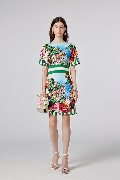 Arrival One line Collar Printed Short sleeved Tight Waist dress High Waist Slim fit Dress