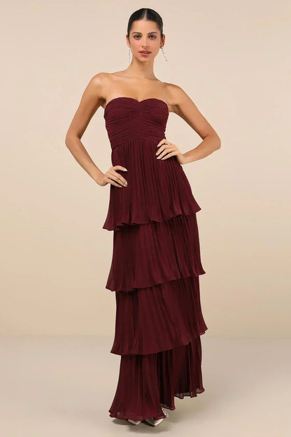 Strapless Sweetheart Ruched Tiered Pleated Maxi Gown