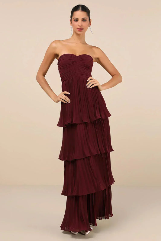 Strapless Sweetheart Ruched Tiered Pleated Maxi Gown