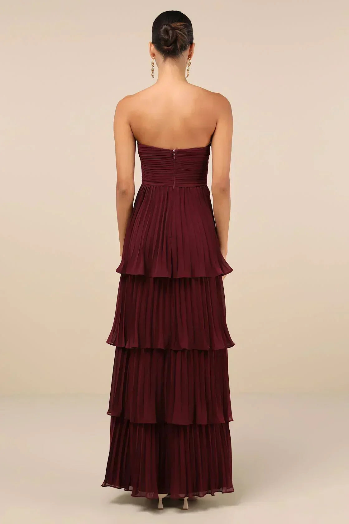 Strapless Sweetheart Ruched Tiered Pleated Maxi Gown