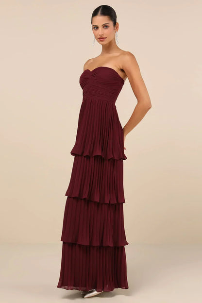 Strapless Sweetheart Ruched Tiered Pleated Maxi Gown