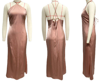 Satin Halter Neck Slip Backless Maxi Dress