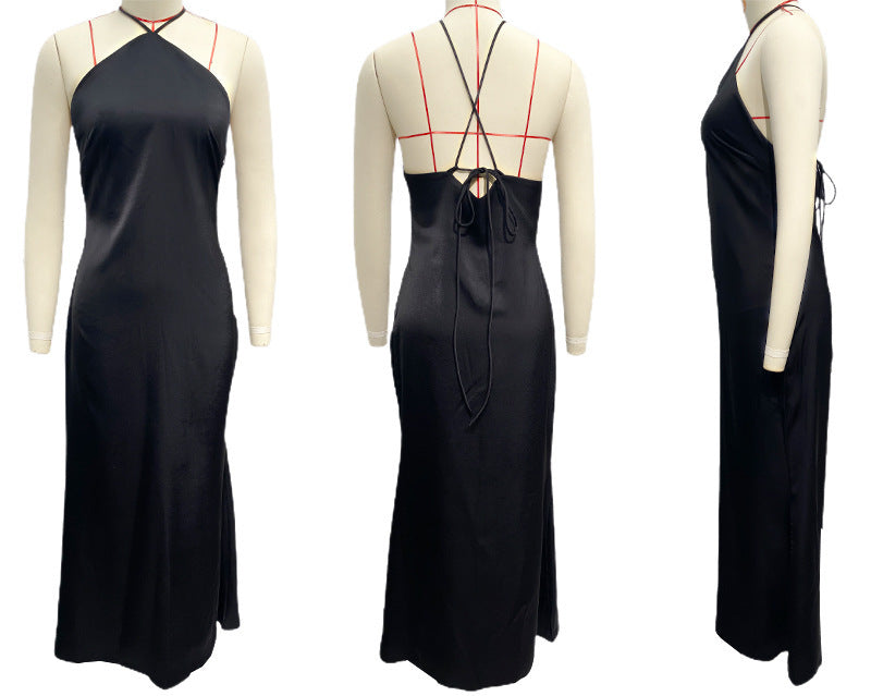 Satin Halter Neck Slip Backless Maxi Dress