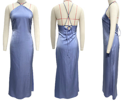 Satin Halter Neck Slip Backless Maxi Dress