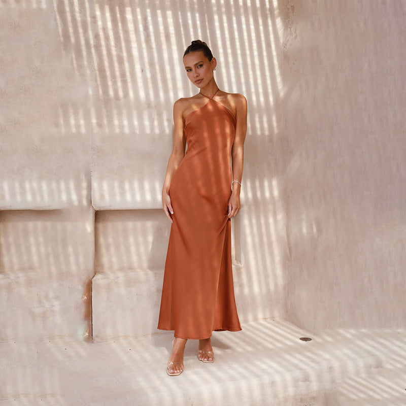 Satin Halter Neck Slip Backless Maxi Dress