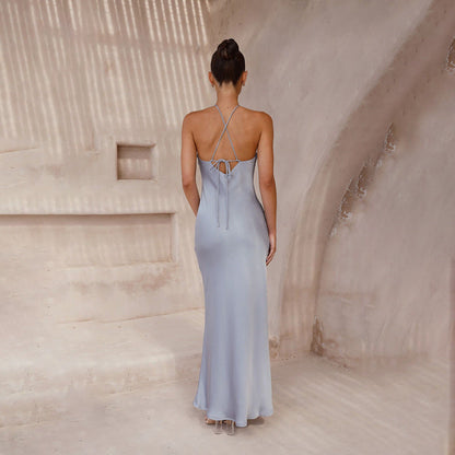 Satin Halter Neck Slip Backless Maxi Dress