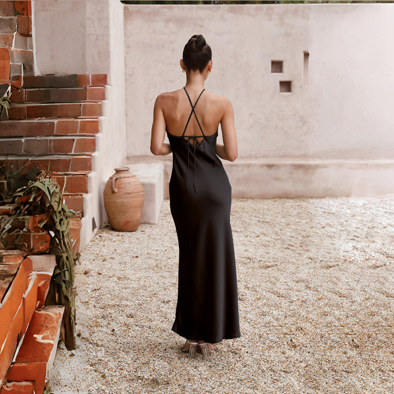 Satin Halter Neck Slip Backless Maxi Dress