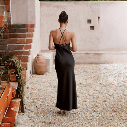 Satin Halter Neck Slip Backless Maxi Dress