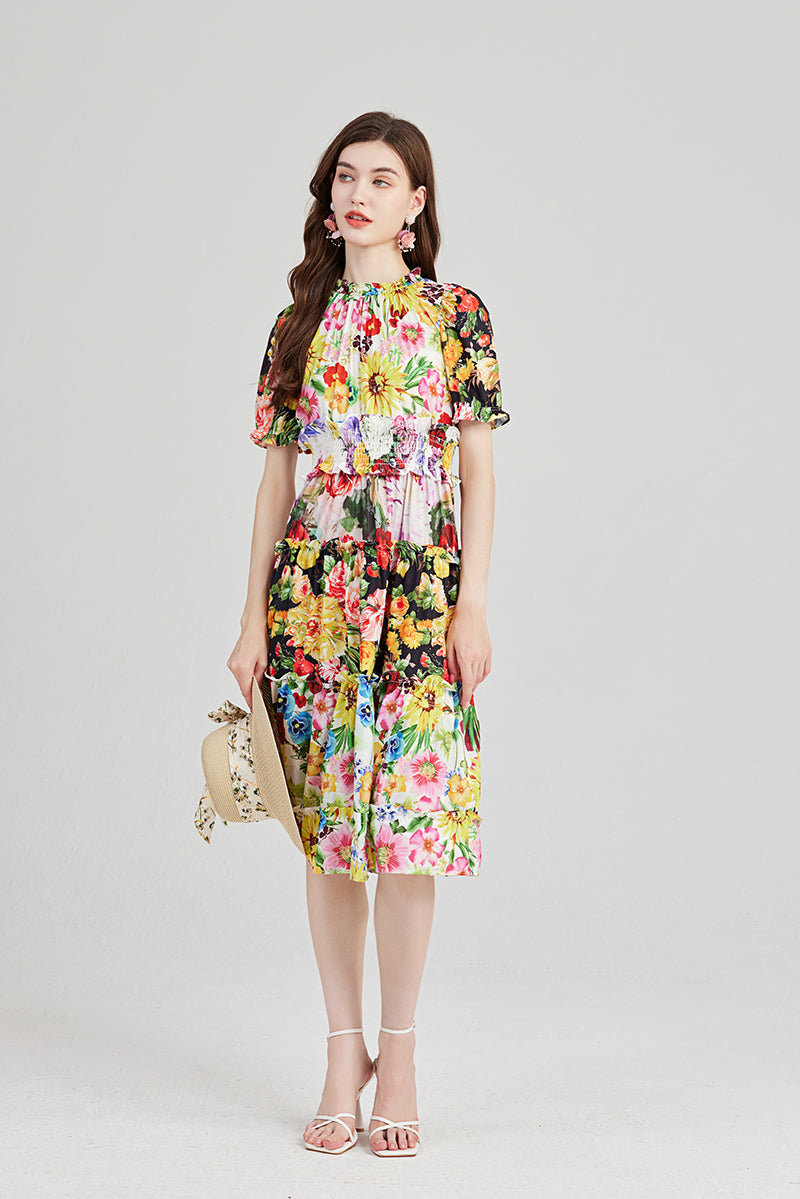 Printed Contrast Lotus Leaf High Neck Rubber Strung High Waist Dress Slim Fit Short Sleeved Dress