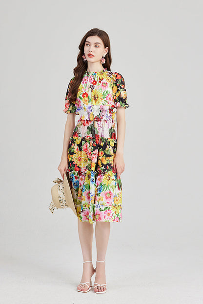 Printed Contrast Lotus Leaf High Neck Rubber Strung High Waist Dress Slim Fit Short Sleeved Dress