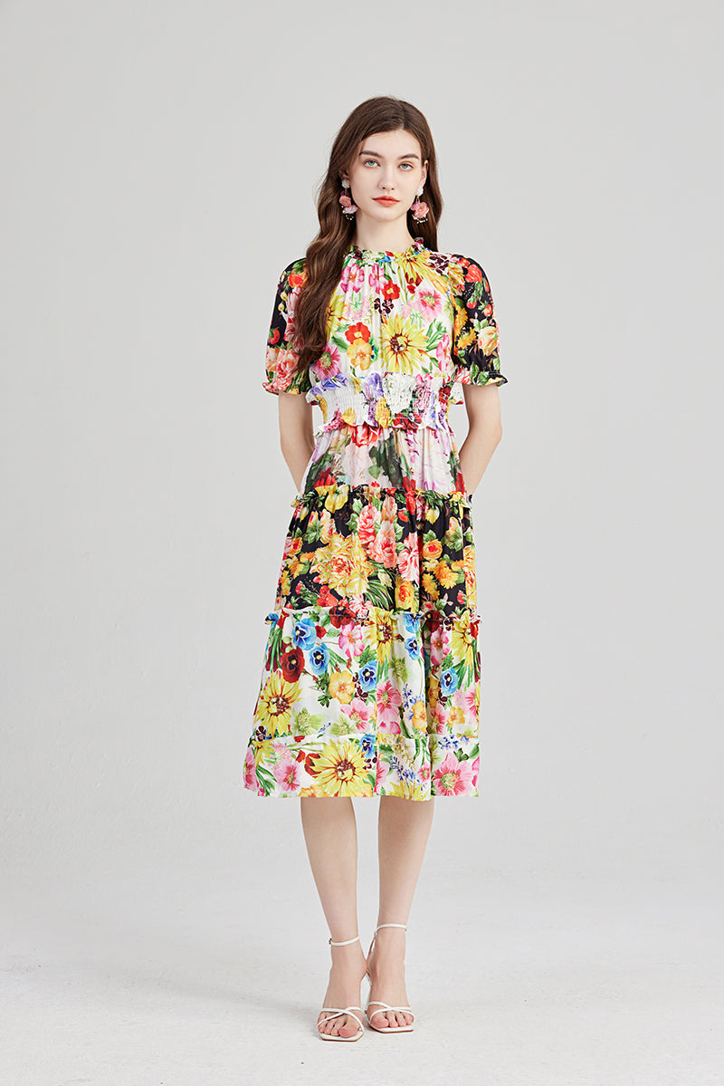 Printed Contrast Lotus Leaf High Neck Rubber Strung High Waist Dress Slim Fit Short Sleeved Dress