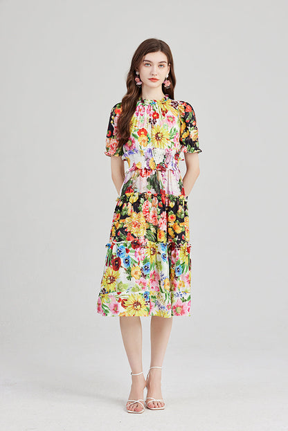 Printed Contrast Lotus Leaf High Neck Rubber Strung High Waist Dress Slim Fit Short Sleeved Dress