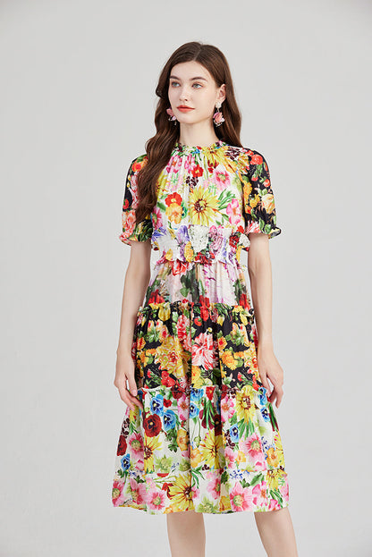 Printed Contrast Lotus Leaf High Neck Rubber Strung High Waist Dress Slim Fit Short Sleeved Dress