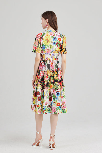 Printed Contrast Lotus Leaf High Neck Rubber Strung High Waist Dress Slim Fit Short Sleeved Dress