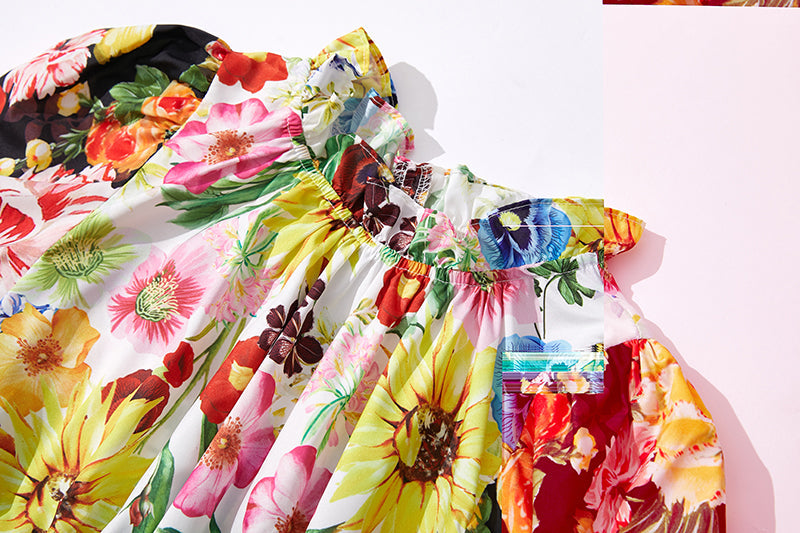Printed Contrast Lotus Leaf High Neck Rubber Strung High Waist Dress Slim Fit Short Sleeved Dress