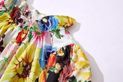 Printed Contrast Lotus Leaf High Neck Rubber Strung High Waist Dress Slim Fit Short Sleeved Dress