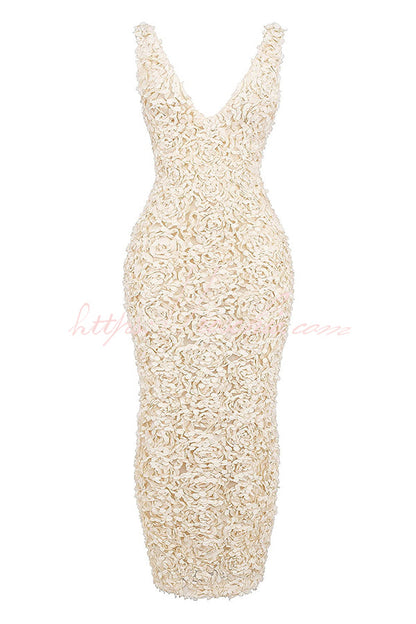 Champagne Party Rose Floral Applique Slit Pencil Maxi Dress