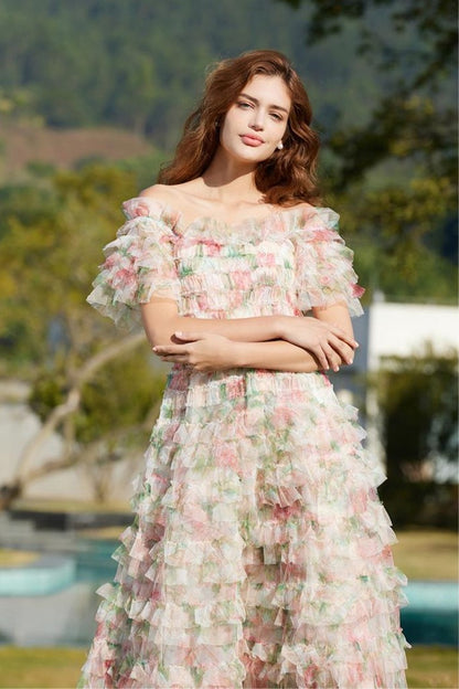 Floral Frill Off-Shoulder Midi Dress