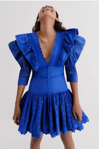 Solid Lace V-Neck Frill Mini Dress