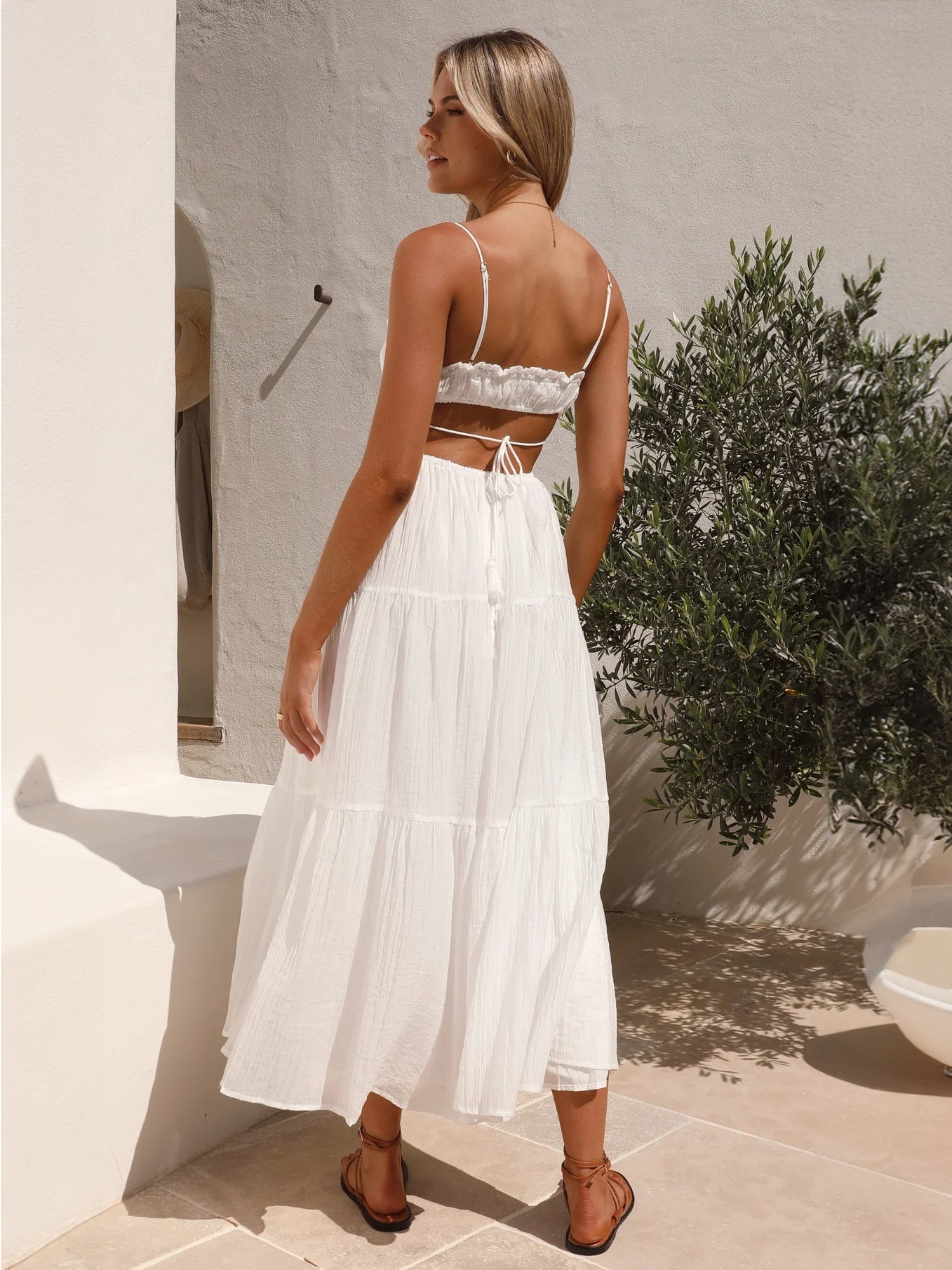 White Dress Tiered Spaghetti Strap Cutout Lace Up Summer Casual Midi Dresses