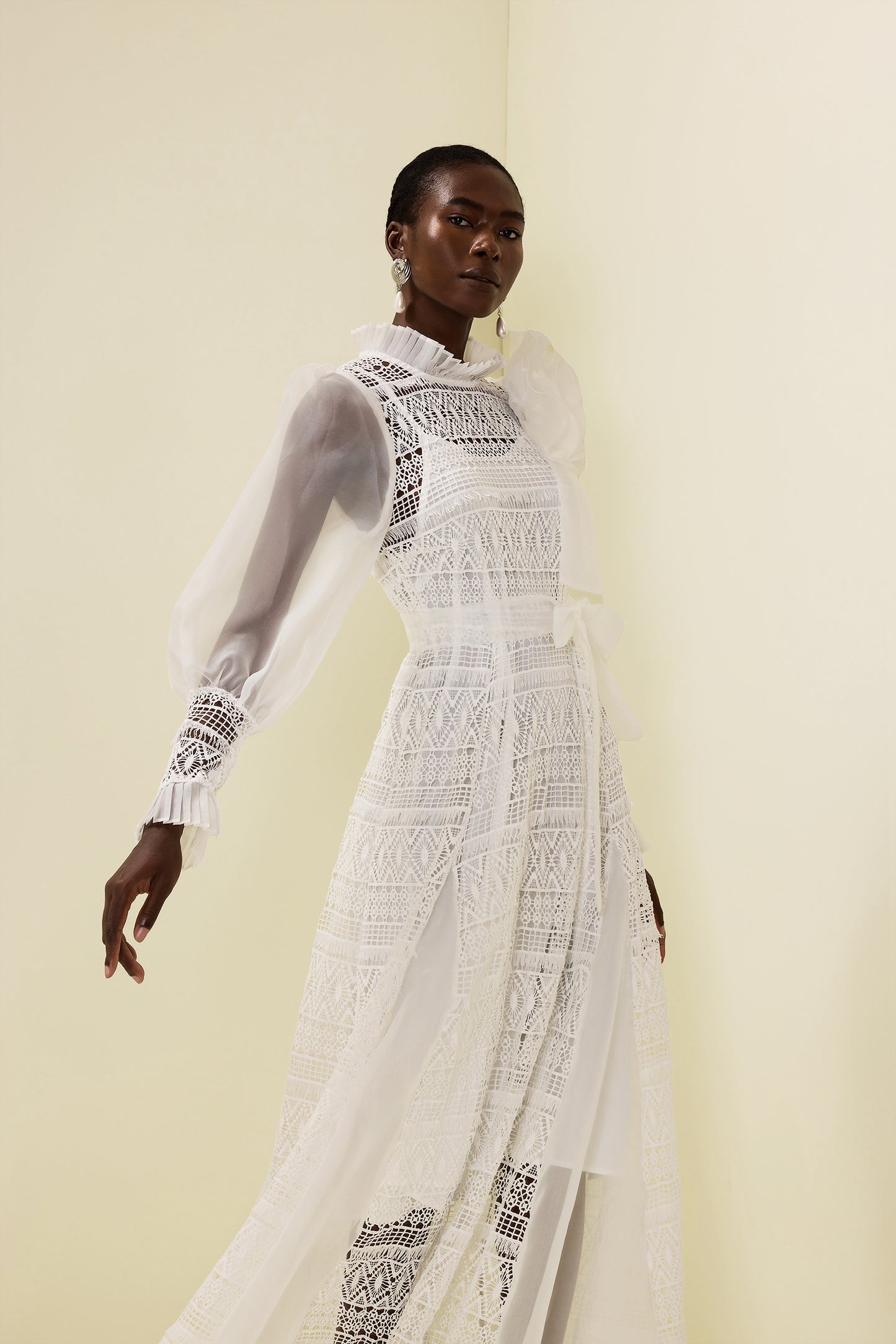 3D Flower Lace Puff Sleeve Midi Dress