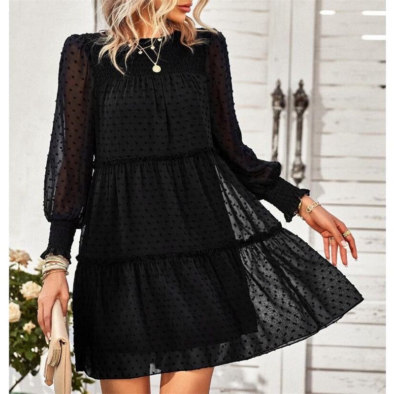 Swiss Dot Round Neck Mini Dress in Black, Blue, Green, Pink