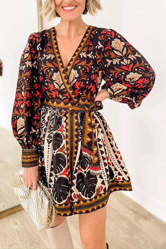 Fashion-forward Exotic Floral Print Lantern Sleeve Belted Mini Dress