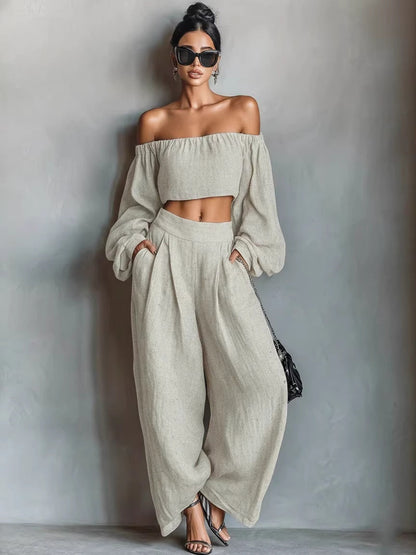 Solid Color Off-shoulder Long-sleeved Top And Wide-leg Pants Two-piece Set