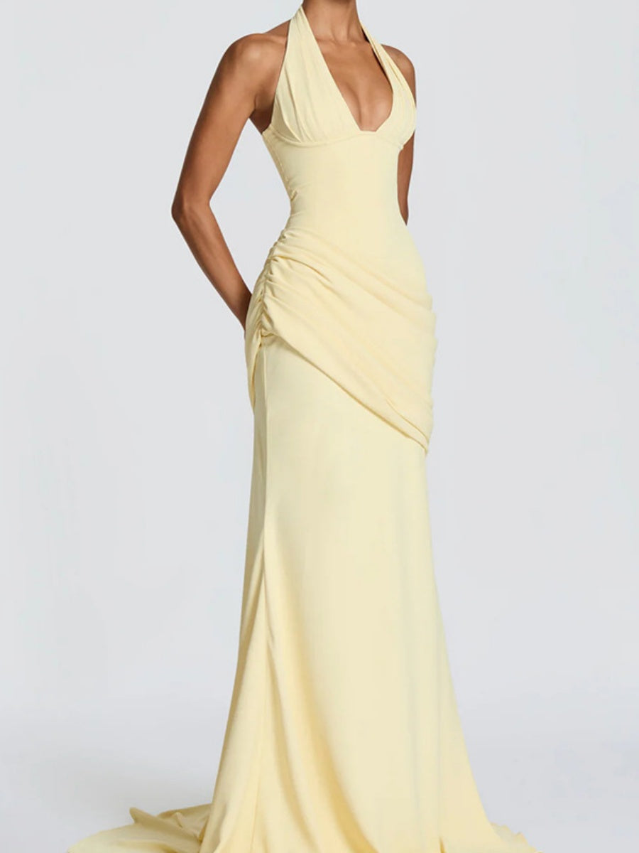 Deep V Halter Backless Mopping Maxi Dresses