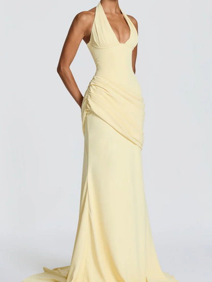 Deep V Halter Backless Mopping Maxi Dresses
