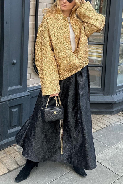 Margovil Stand Collar Zip Up Pocketed Sequin Jacket