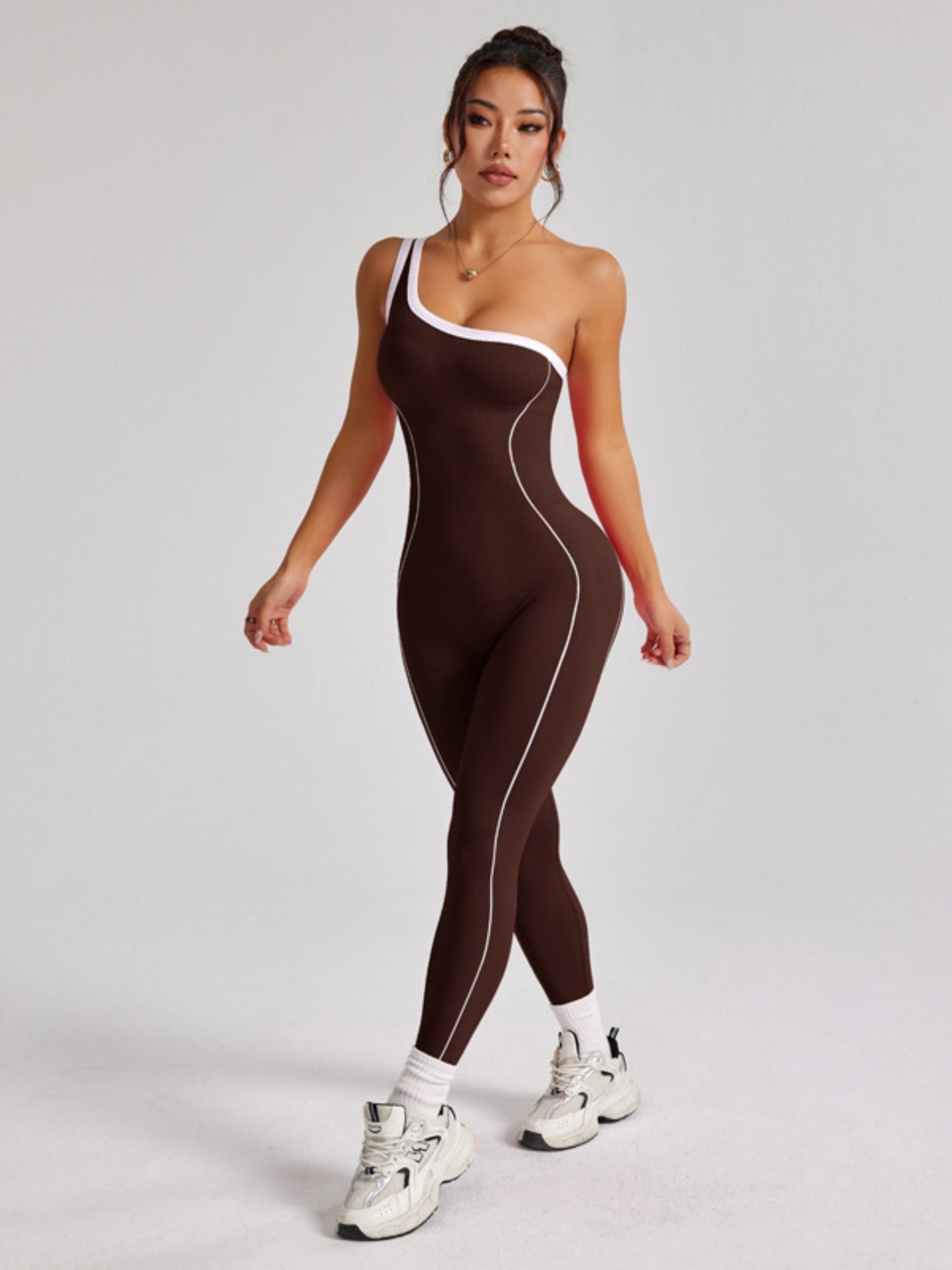 Color-blocked Stripes One Shoulder Exercise And Fitness Yoga Jumpsuits