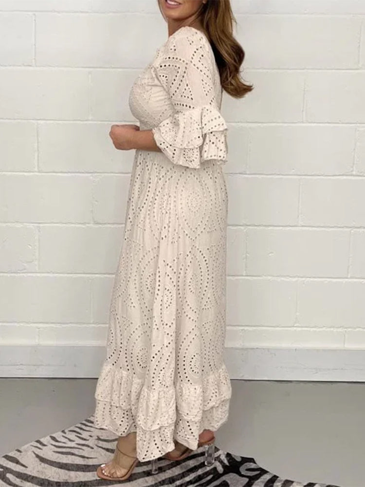 Broderie Anglaise Deep V-Neck Double Ruffle Sleeve Smocked Waist Tiered Midi Dress