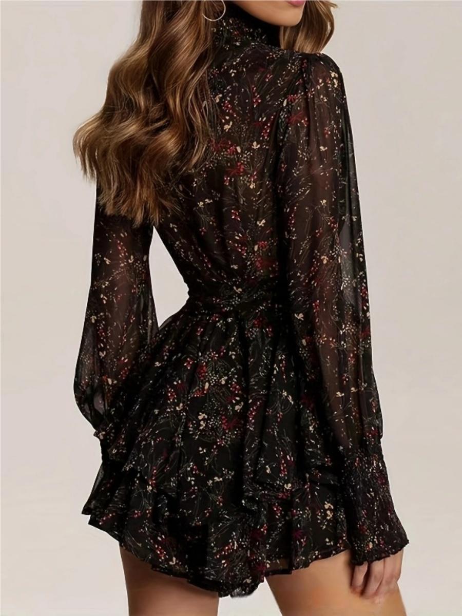 Turtleneck Wood Ear Belts Floral Mini&Short Dresses
