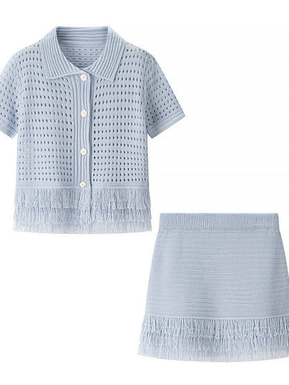 Tassel Knitting Short-sleeved Jacket High-waisted Mini Skirt 2-piece Sets