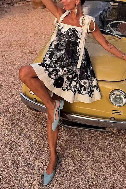 Margovil Bow Shoulder Sleeveless High Waist Floral Print Mini Dress