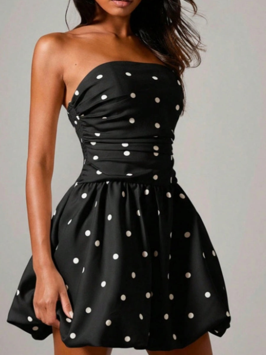 Polka Dot Print Patchwork Strapless Top Mini&Short Dresses