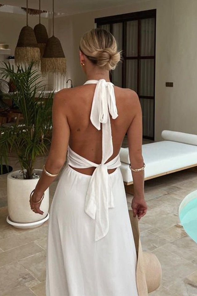 Plunging Halter Neck Ruched Bust Waistband High Slit Maxi Dress